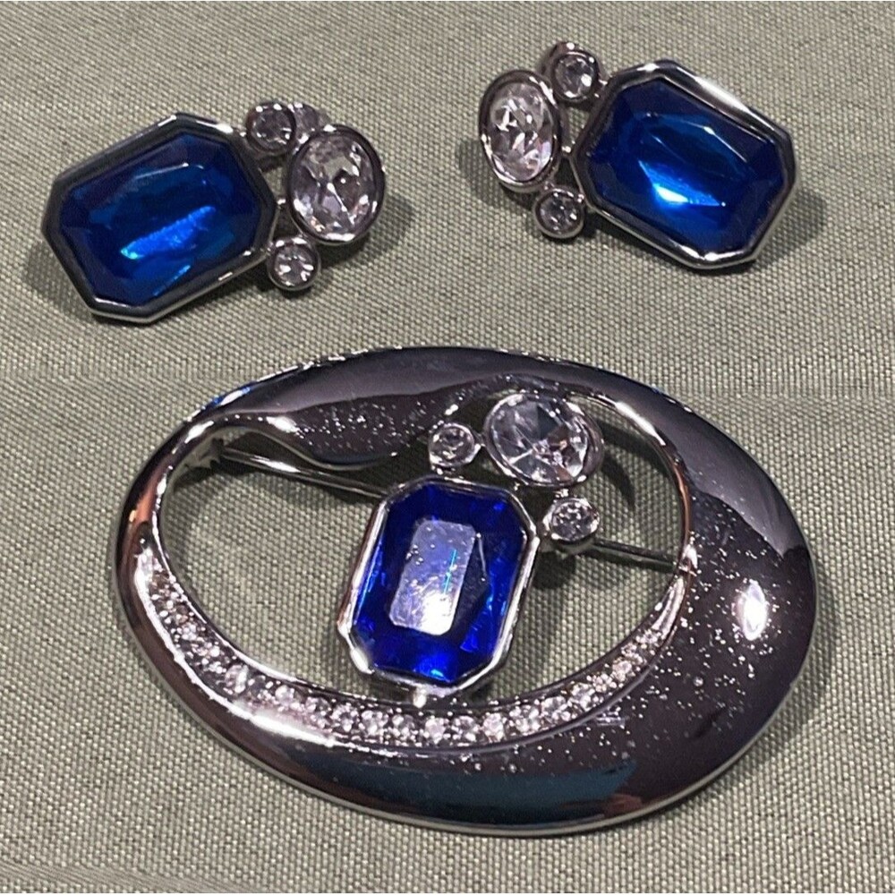Vintage Park Lane Signed Jewelry Set Rhinestone Brooch & Clip On Earrings